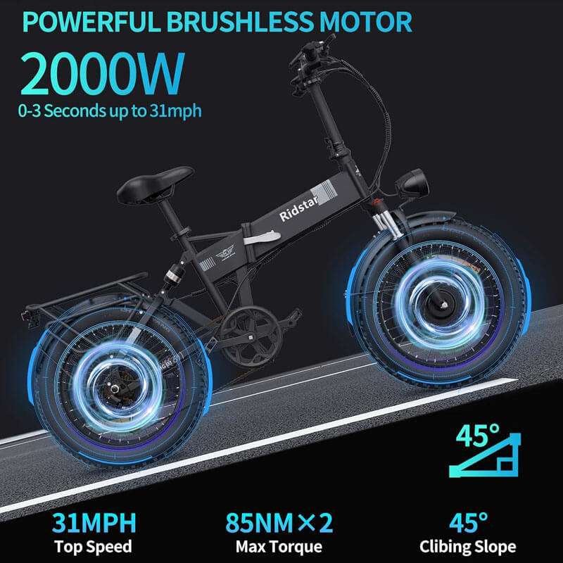 Ridstar H20 Pro 20"Folding Electric Bike 2000W Peak Motor 31MPH Max Speed 48V 23Ah Battery