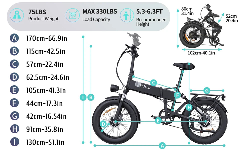 Ridstar H20 Pro Electric Bike 2000W Motor Peak 31MPH 48V 23Ah Battery